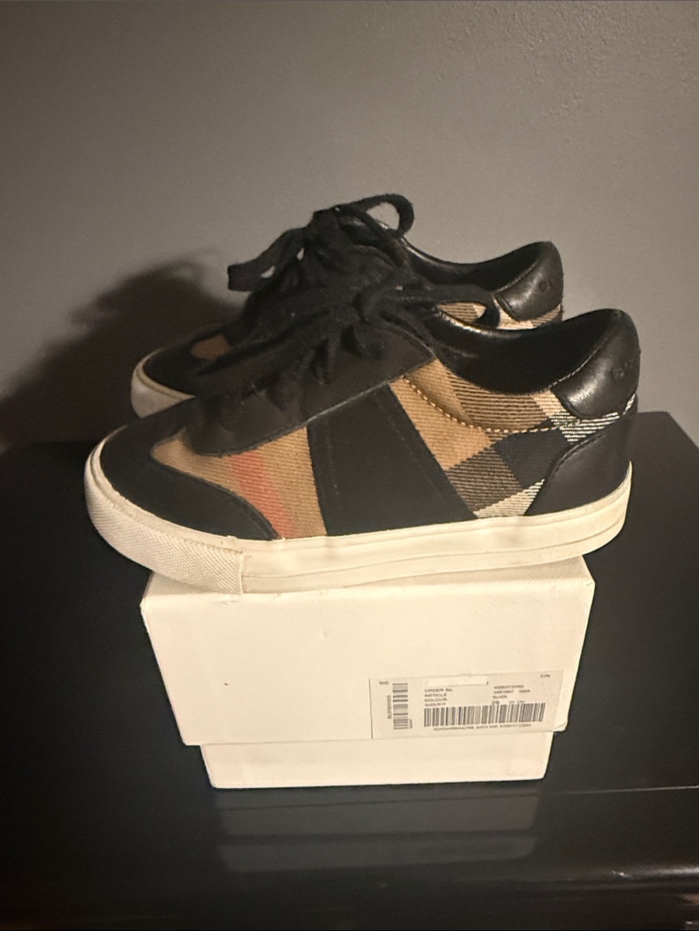 Burberry Black & Tan Check Kids Low-Top Sneakers